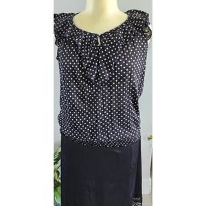 French Laundry Black & Tan Polka Dot Sleeveless Blouse Sz L EUC